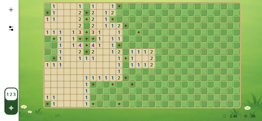 Démineur sur téléphone en paysage, partie Expert en cours, grille de 30 × 16 au thème Prairie : des zones ouvertes avec leurs chiffres, 24 drapeaux posés, le compteur de mines à 36 ; les cases sont petites, le zoom par pincement permet de les agrandir.
